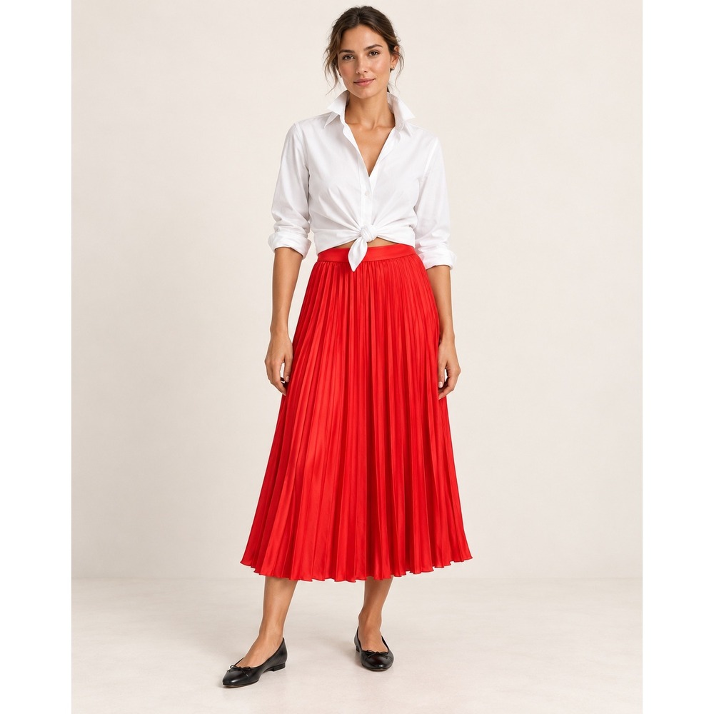Banana Republic Women Pleated Midi Skirt Size 10 Red Accordion A-Line Workwear